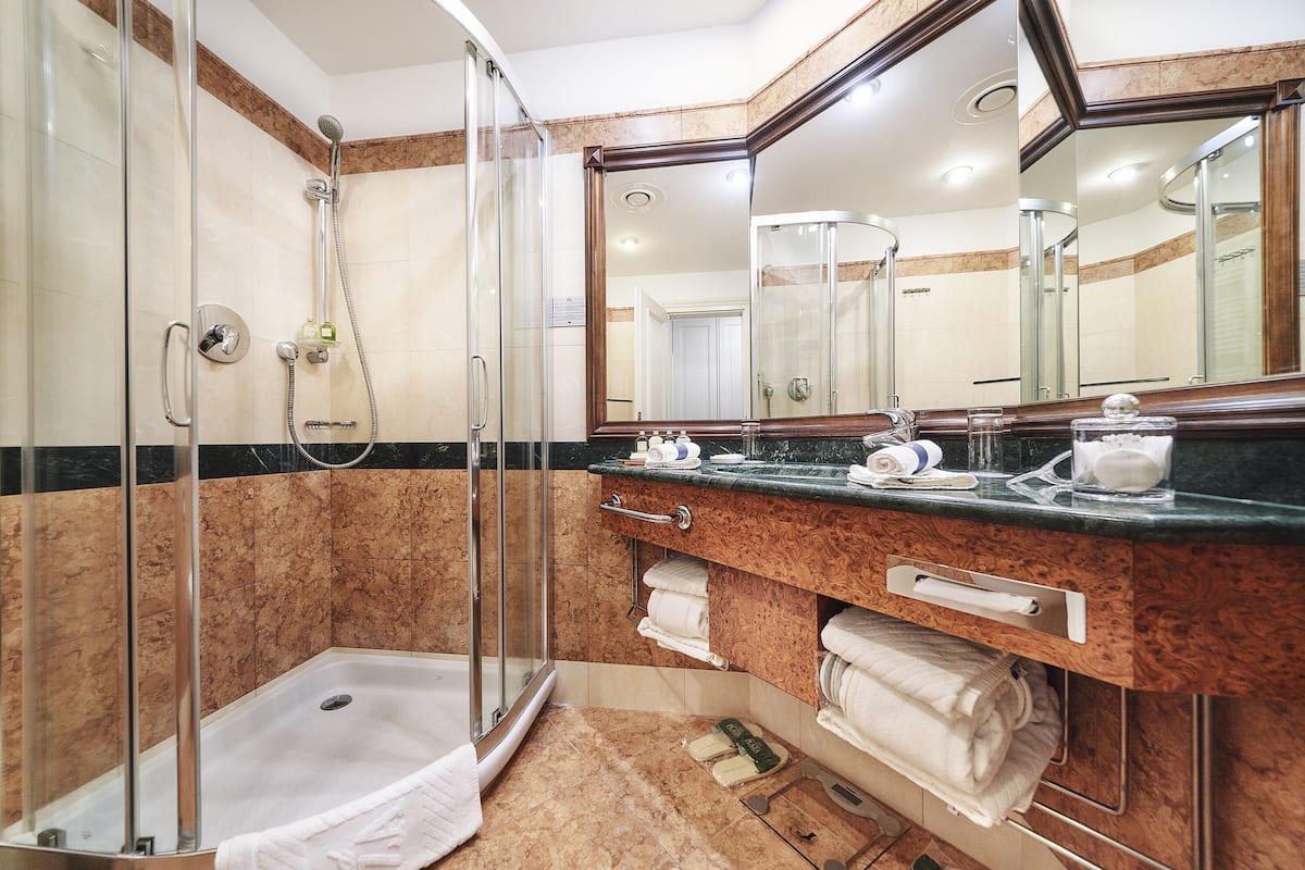 elite double or twin room (wellness and fitness access) | bathroom | shower, designer toiletries, hair dryer, bathrobes