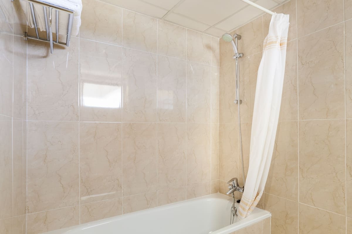 combined shower/bathtub, hair dryer, towels