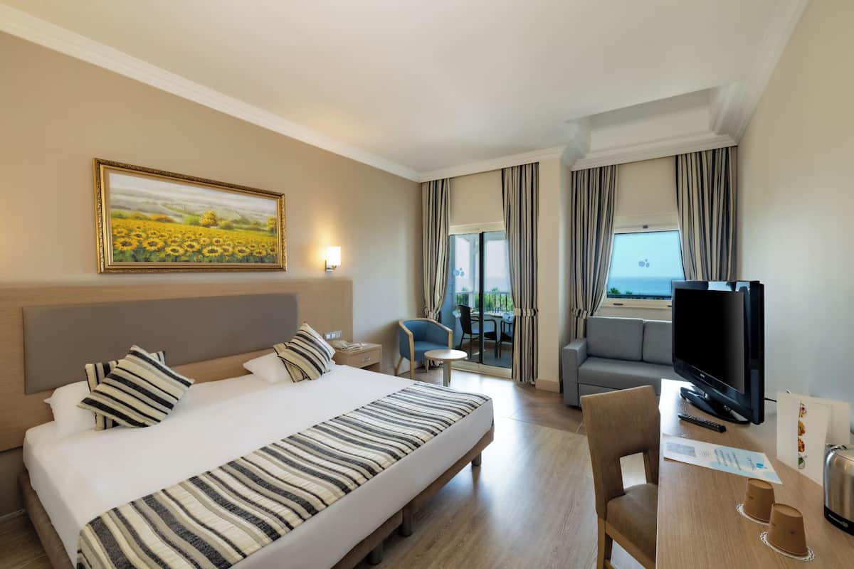 A hotel room with a bed, a television, a desk with a computer, and a view of the outdoors.