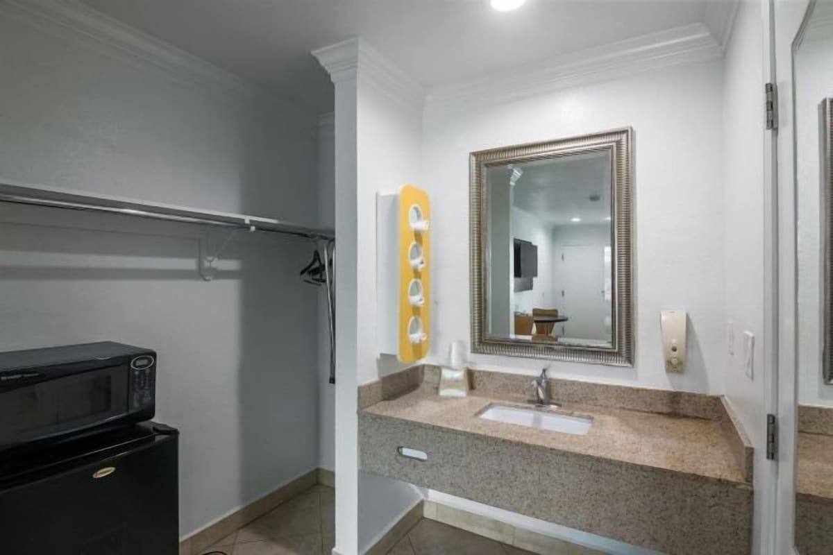 A bathroom with a sink, mirror, towel rack, and a black appliance.