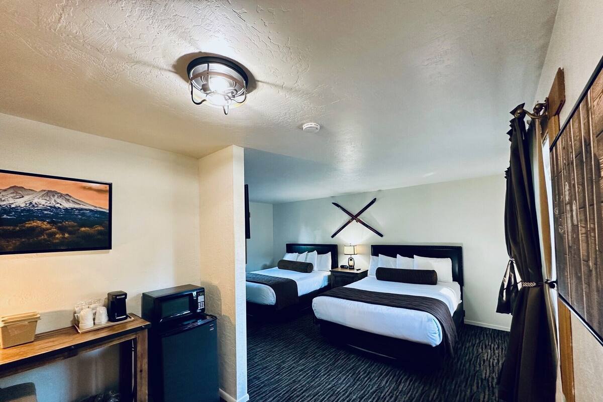 Habitación de hotel con dos camas, un escritorio con microondas, un cesto de basura y un cuadro de una montaña en la pared.