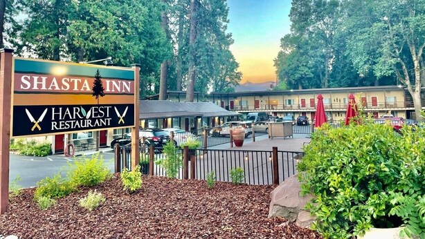 A Shasta Inn sign with a Harvest Restaurant logo, surrounded by trees and a parking lot.