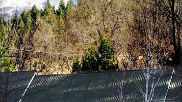 Eine Lodge mit grüner Dachbegrünung, Steinwänden und Blick auf einen schneebedeckten Berg.