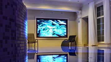 Indoor pool, open 9:00 AM to 8:30 PM, pool loungers