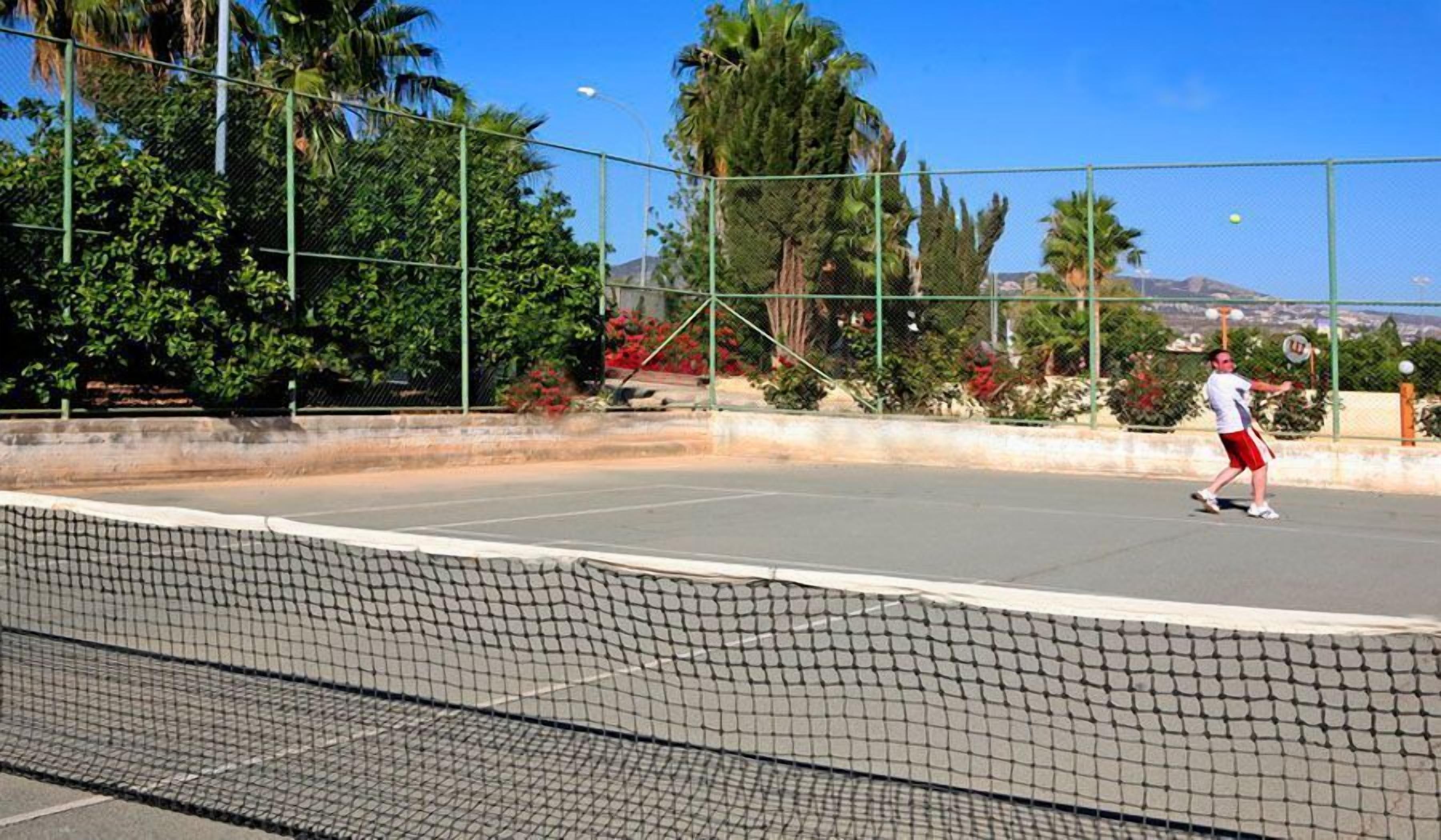 Ein Tennisplatz im Freien mit Netz, umgeben von Grünflächen und blauem Himmel.