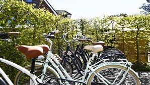 A row of bicycles parked in a covered area with a brick wall and greenery in the background. - AKZENT Hotel Dorn (Büsum)