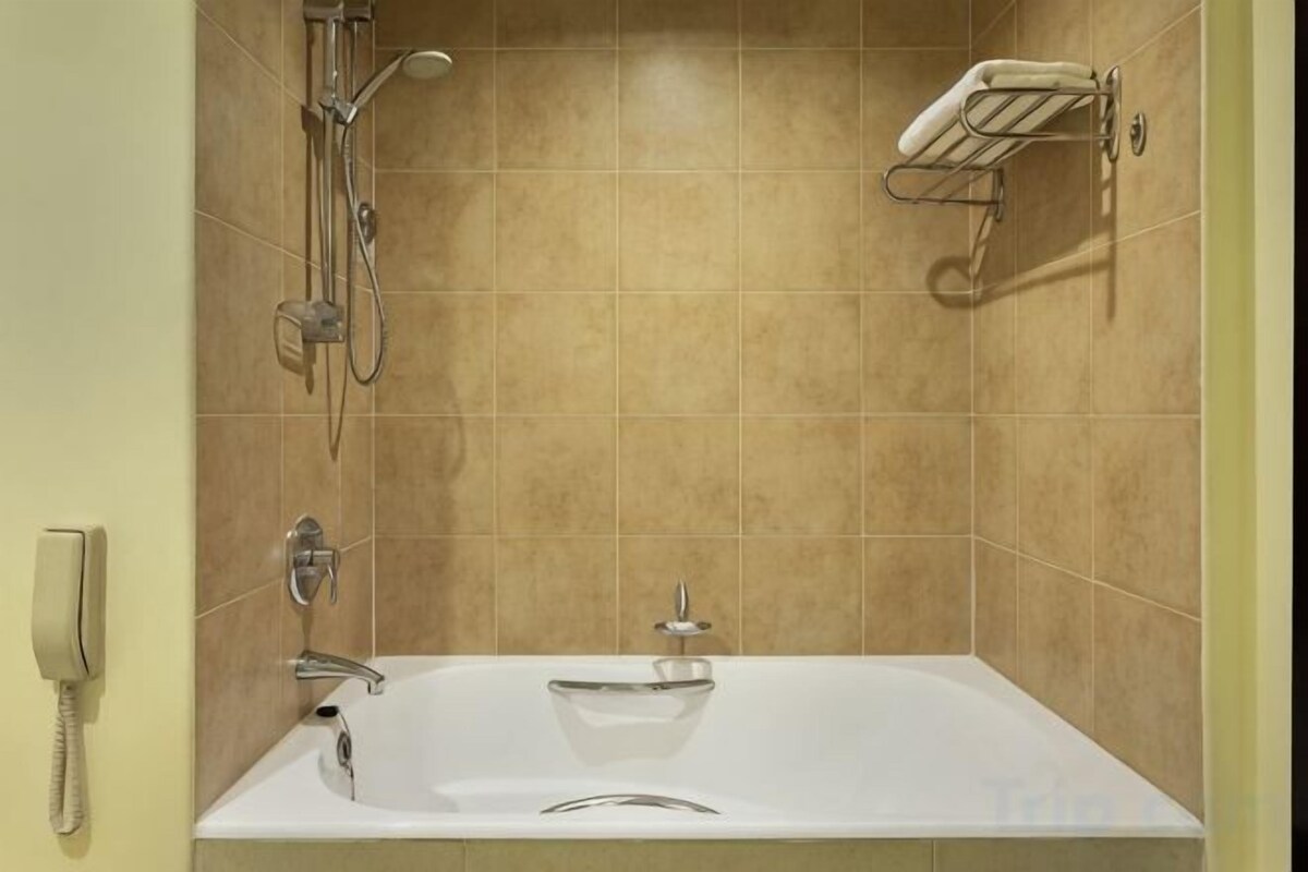 Combined shower/tub, free toiletries, hair dryer, bathrobes