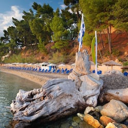 Private beach, white sand, sun loungers, beach umbrellas