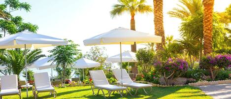 A poolside area with white lounge chairs and umbrellas, surrounded by palm trees and lush greenery.