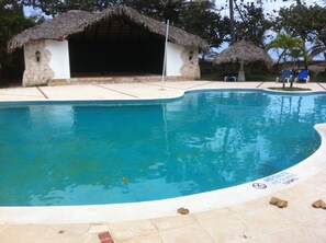 Ein Pool mit gewölbter Kante, eine strohgedeckte Hütte und ein Schwimmverbotsschild am Poolrand.
