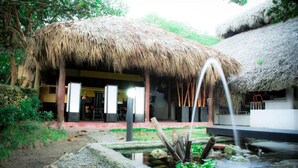 A thatched-roof building with a water feature in front. - Beach House Cabarete by Faranda Hotels (Cabarete)