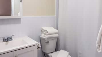 A bathroom with a white sink, toilet, and shower curtain.