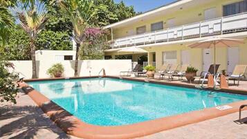 Una piscina al aire libre, sombrillas, sillones reclinables de piscina
