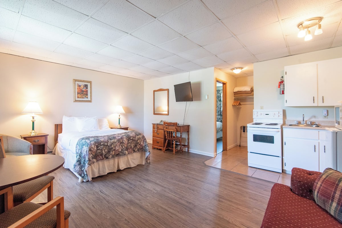 A compact hotel room with a bed, a desk, a kitchenette, and a dining area.