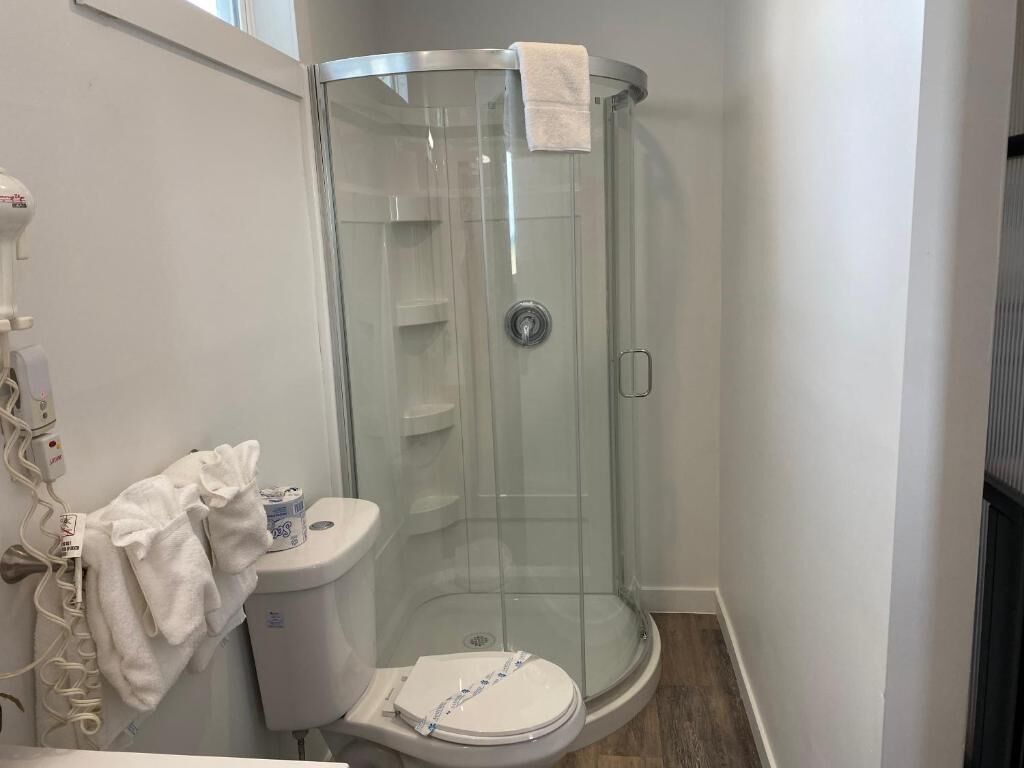 A bathroom with a glass-enclosed shower, a toilet, and a towel rack.