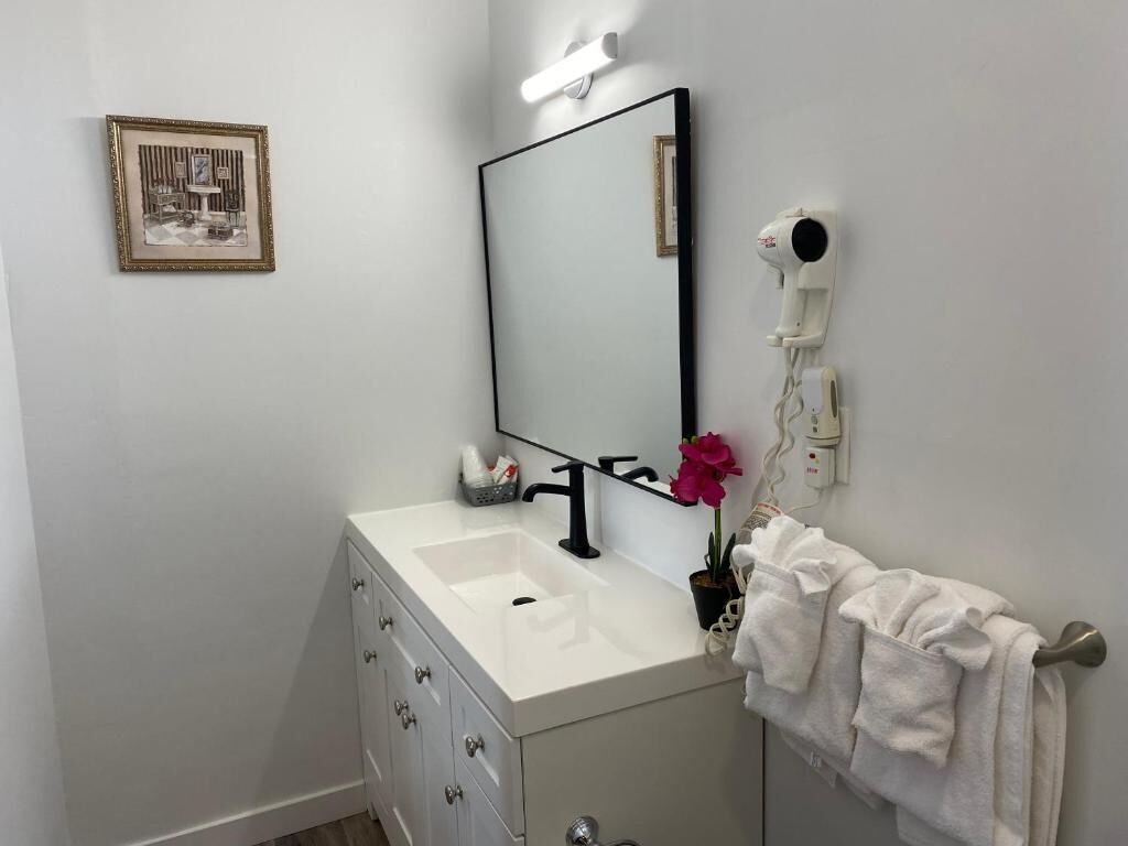 Une salle de bain avec un lavabo blanc, un miroir, un sèche-cheveux et un porte-serviettes.