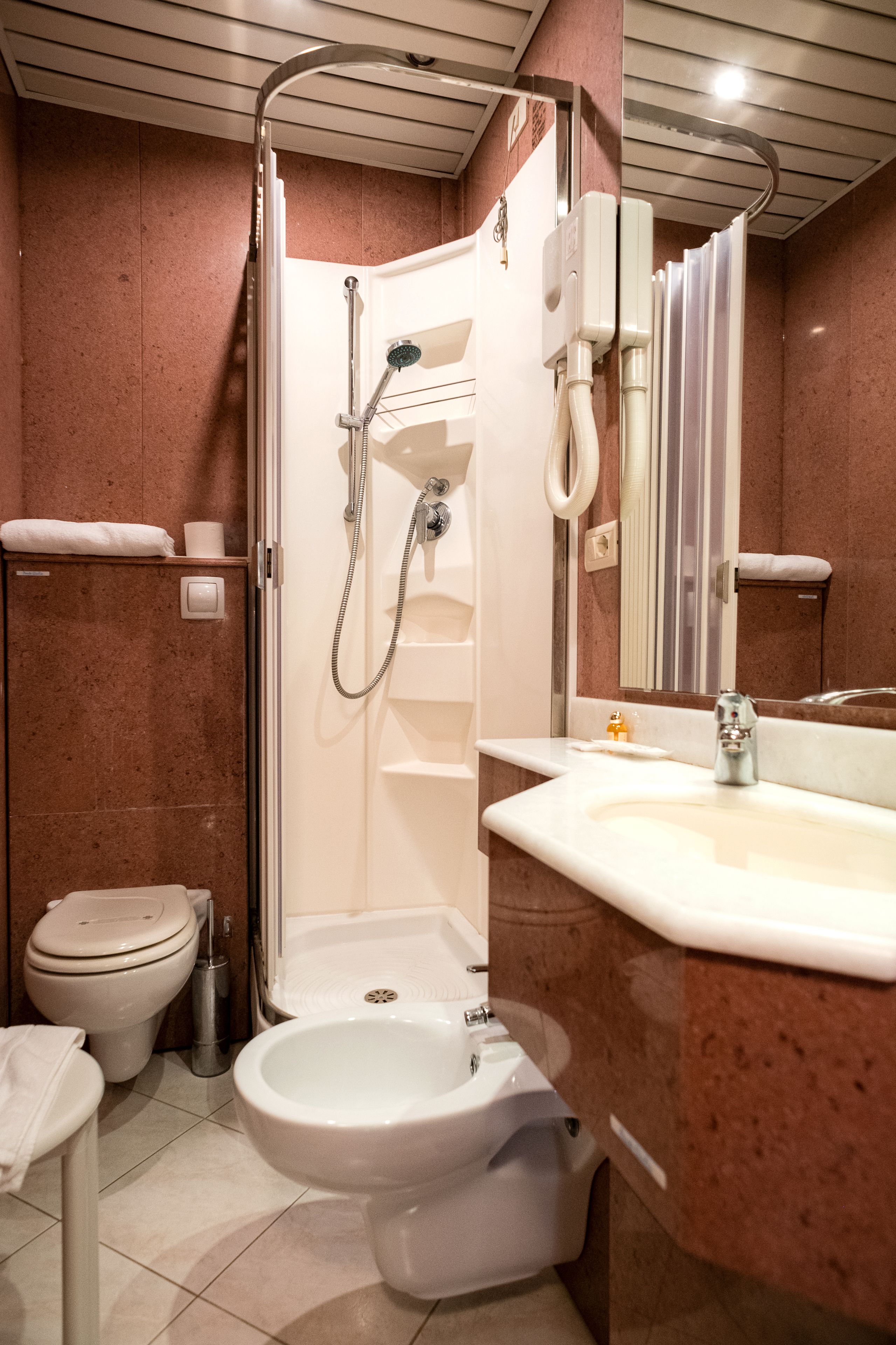 A bathroom with a shower, toilet, bidet, and sink.