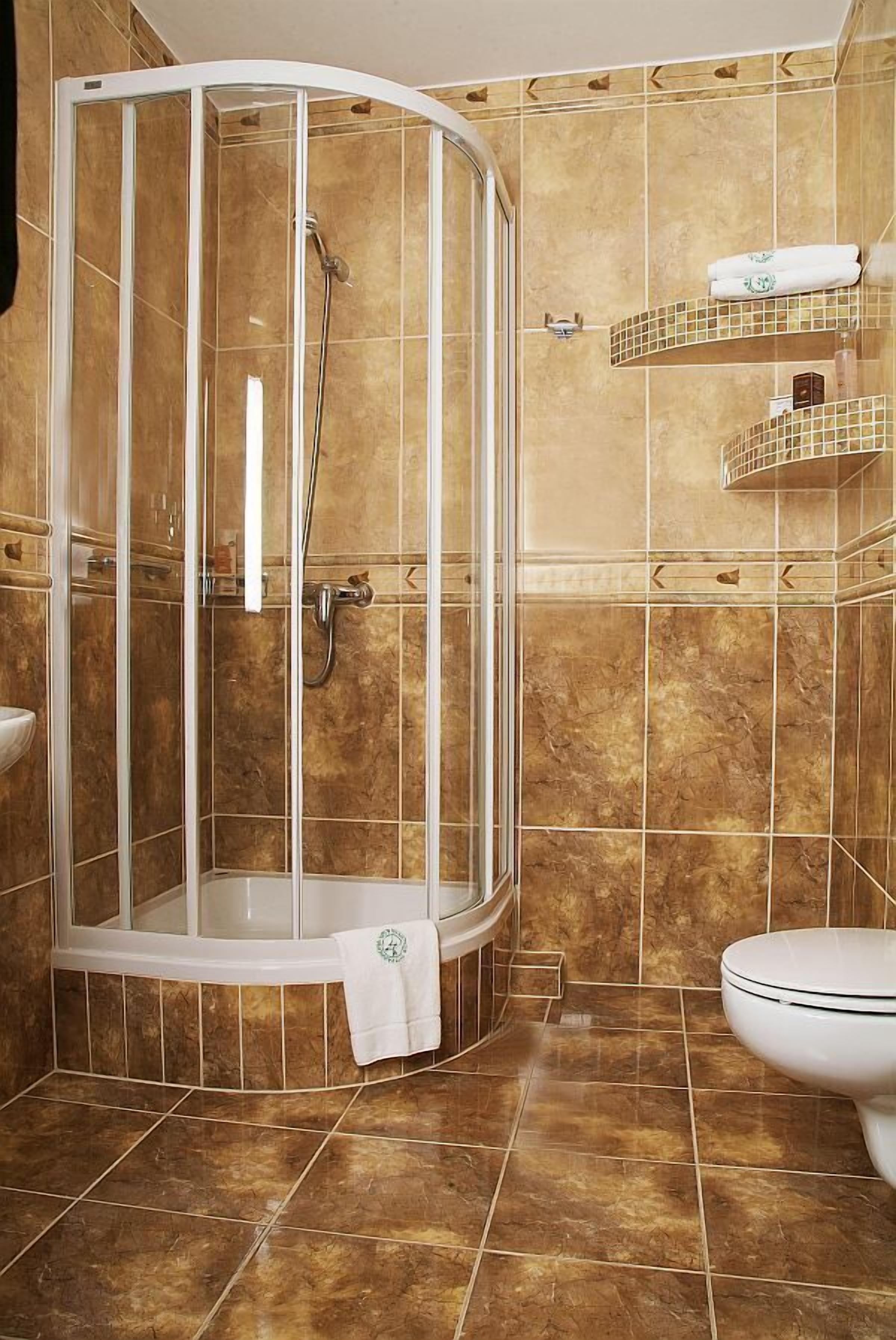 Cabina de ducha con puerta de vidrio, inodoro y perchero para toallas.