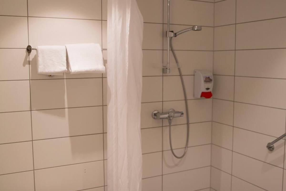 hair dryer, towels, toilet paper