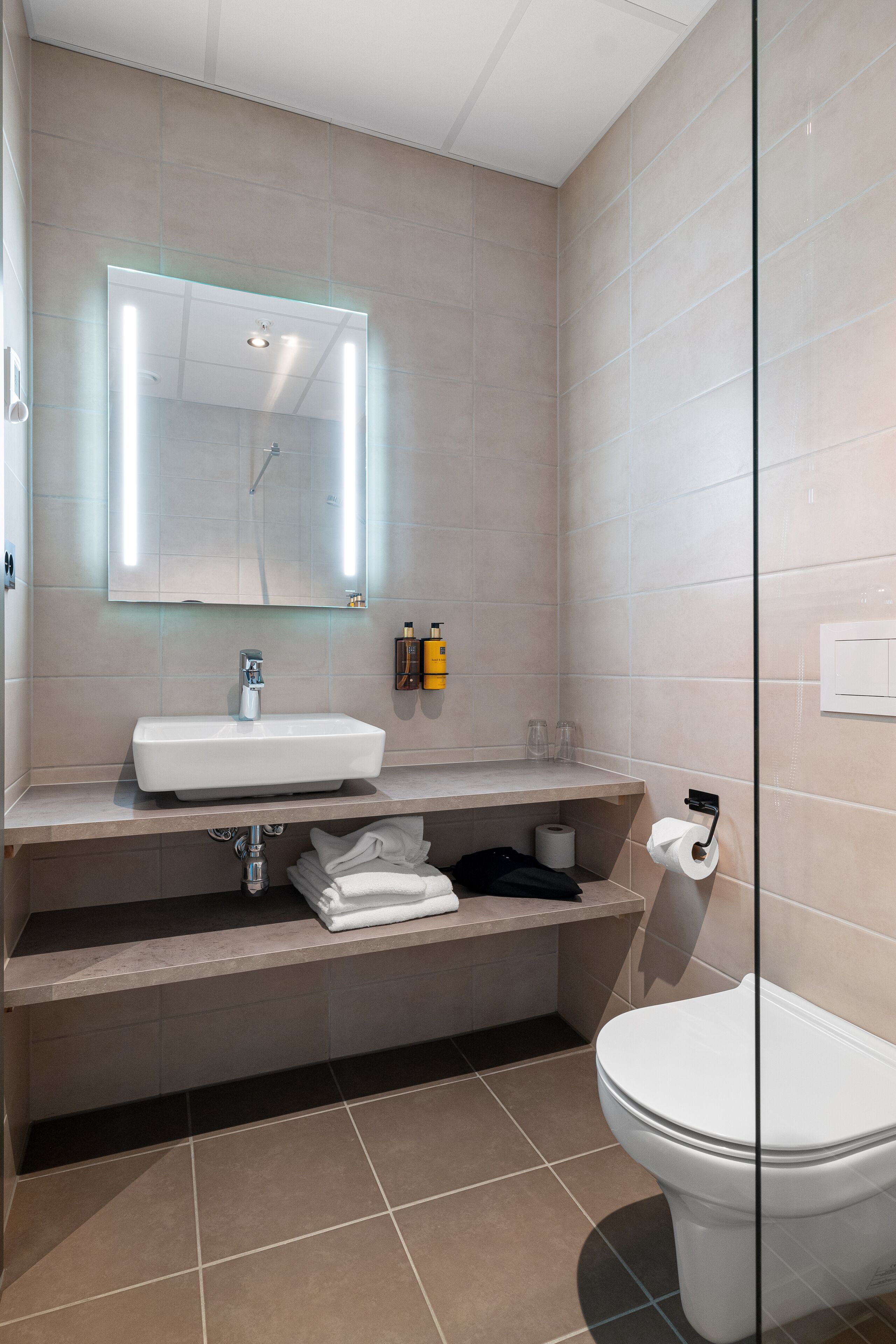 A modern bathroom with a glass-enclosed shower, a white sink, and a toilet.