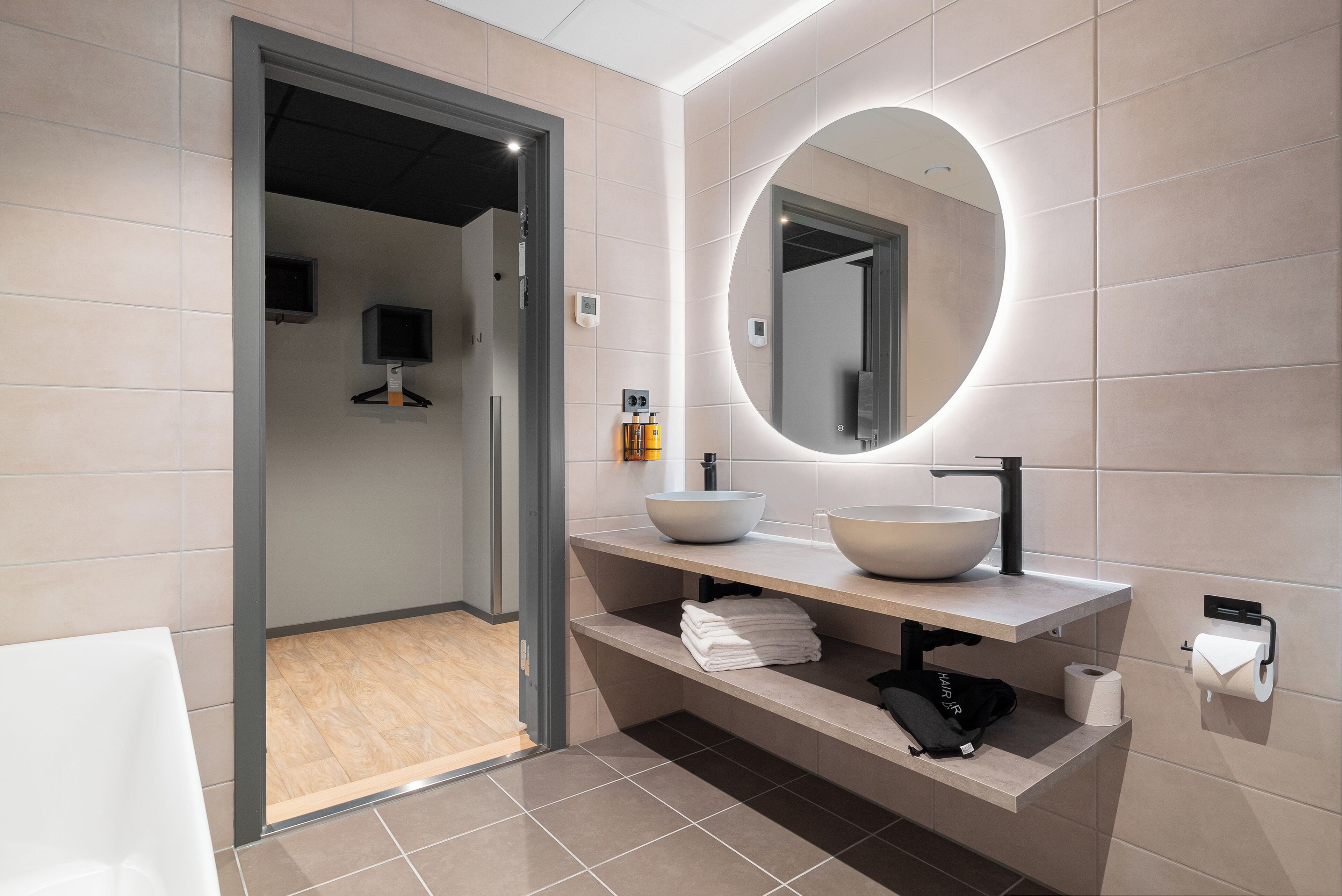 hair dryer, heated floors, towels, soap