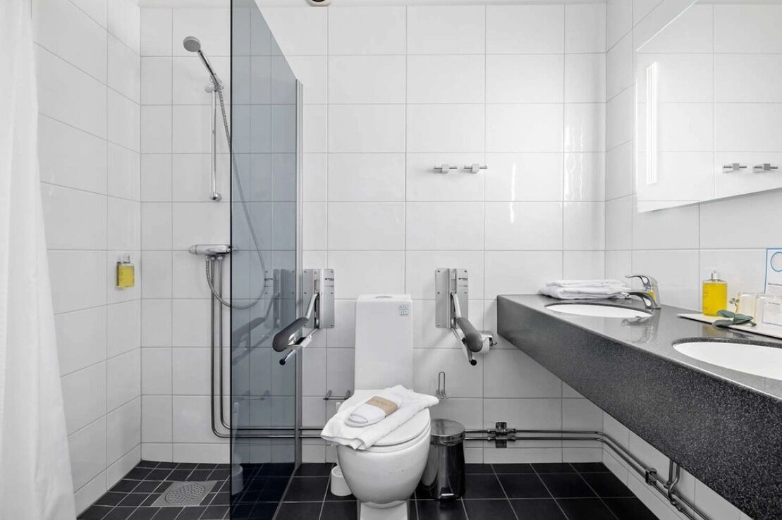 A modern bathroom with a glass shower enclosure, a toilet, a sink, and a mirror.
