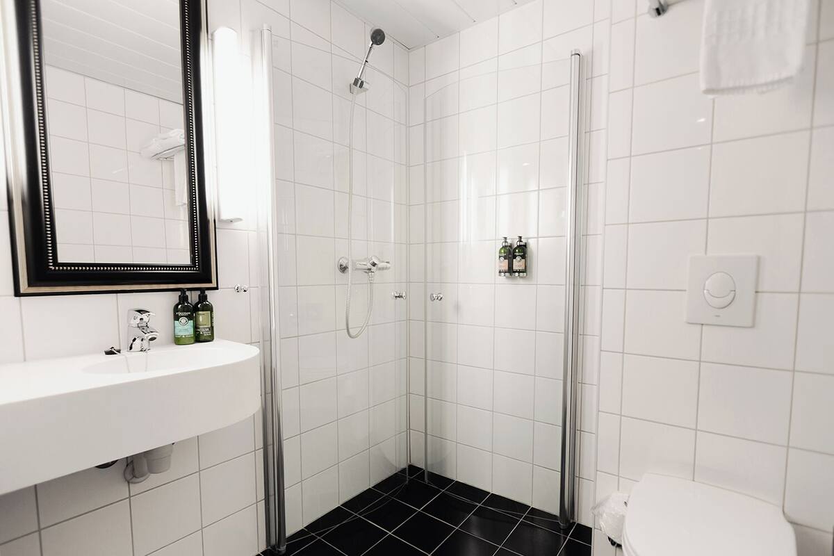 standard double room | bathroom | hair dryer, towels