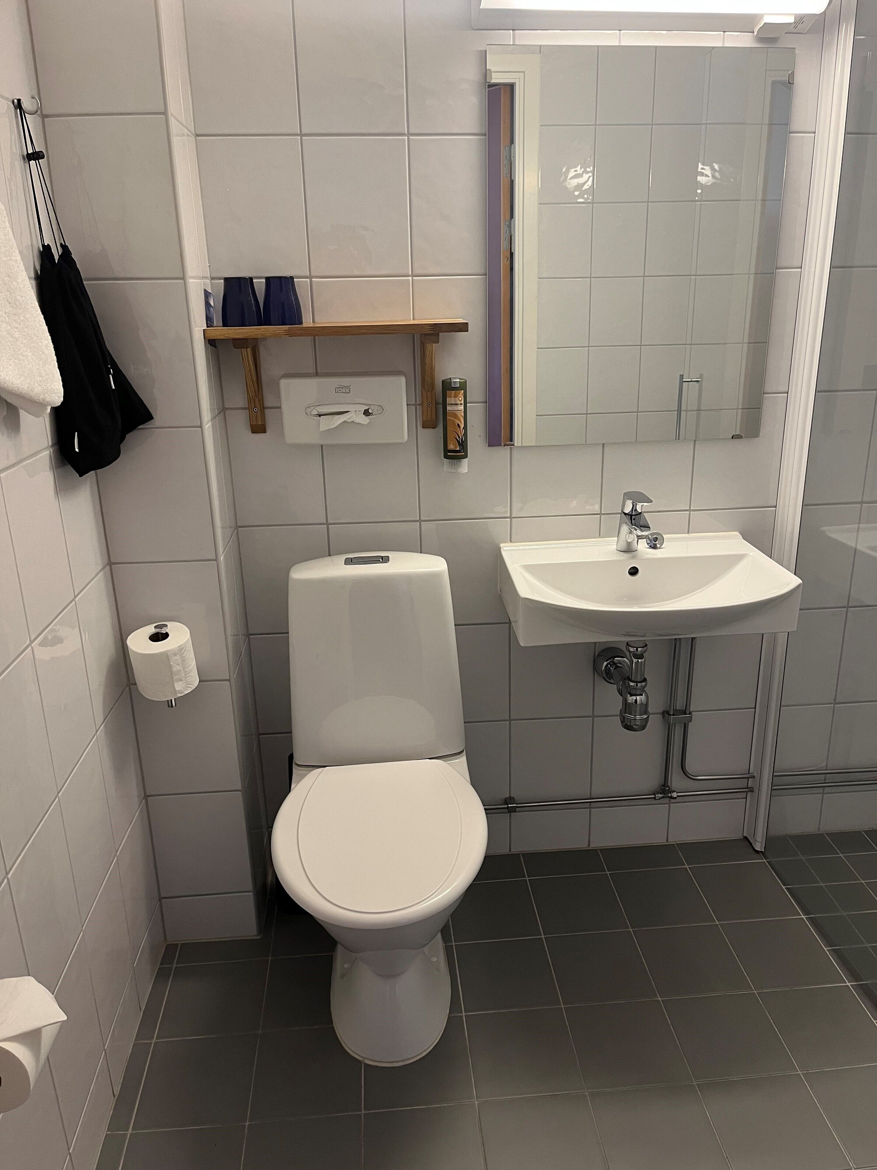 Ein modernes Badezimmer mit Toilette, Waschbecken und Spiegel.