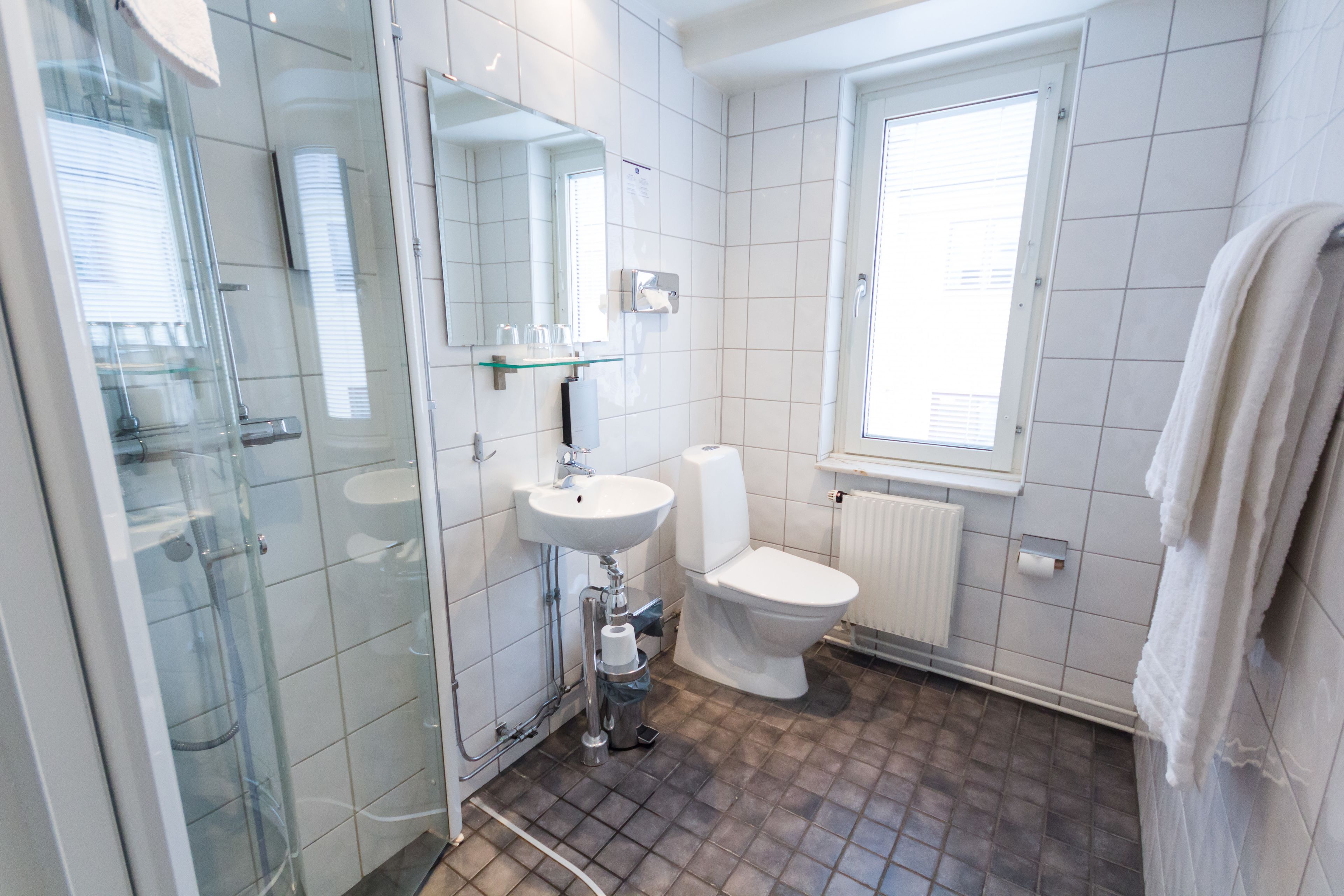 A modern bathroom with a glass shower enclosure, a white sink, and a toilet.