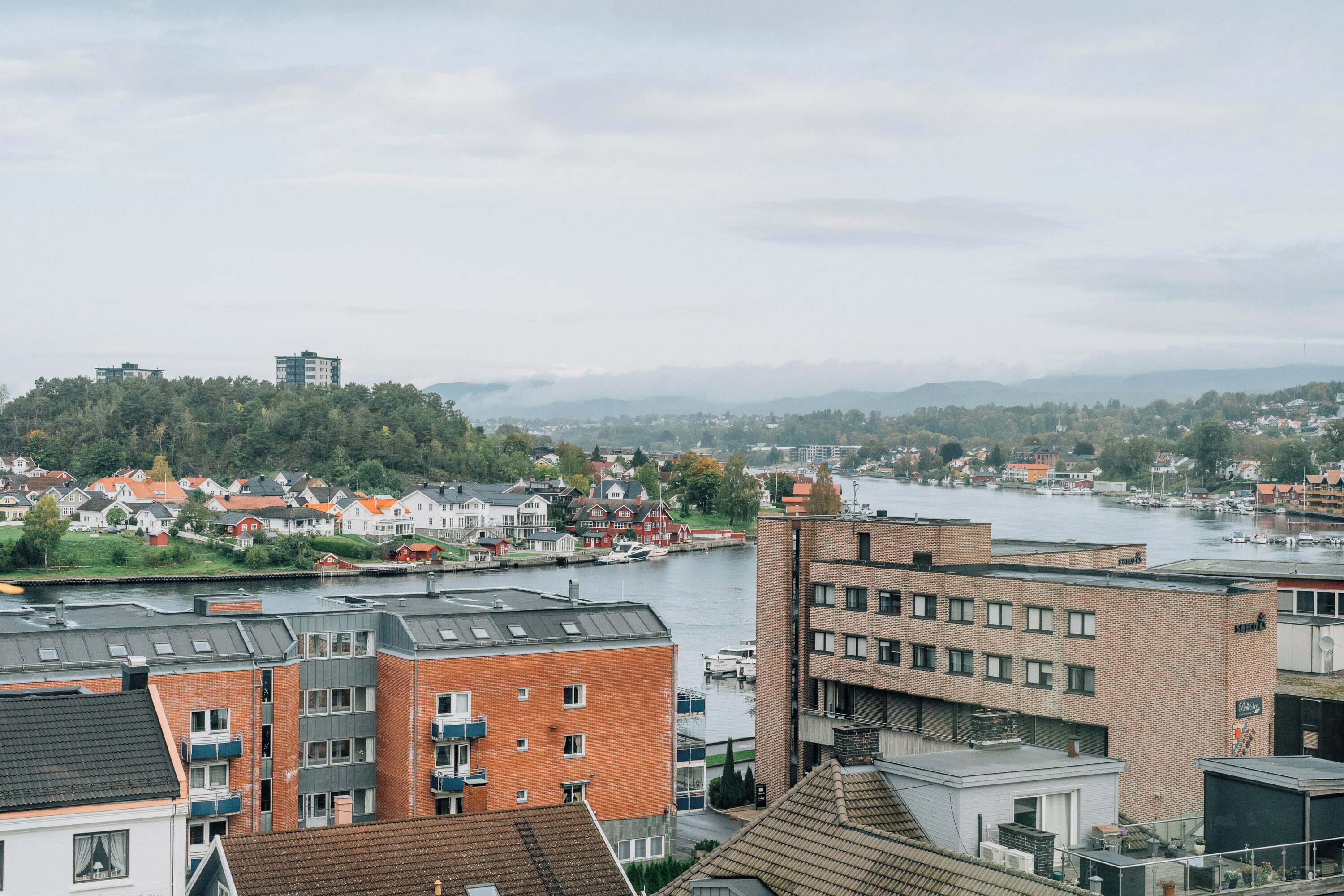 A river with buildings and greenery in the background.