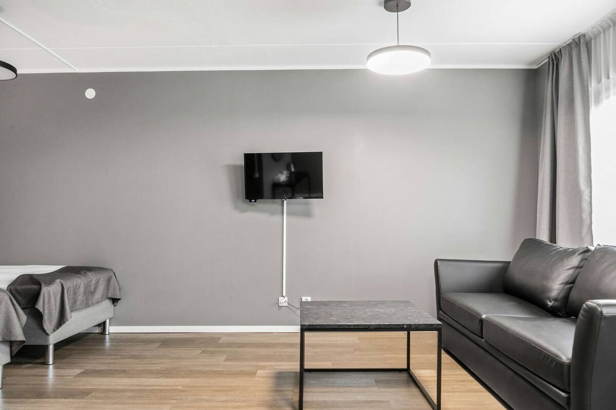 A modern room with a bed, a sofa, a TV mounted on the wall, and a small table.