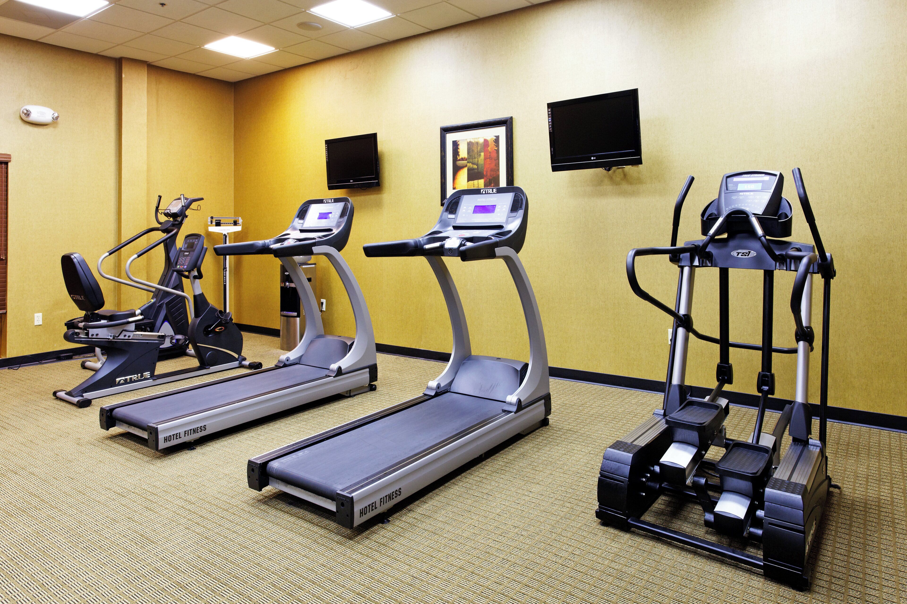 A fitness room with three treadmills, a stationary bike, and a rowing machine.