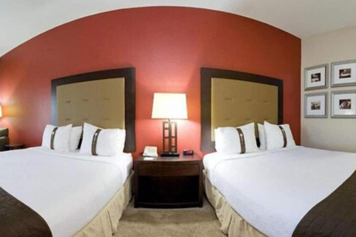 desk, laptop workspace, blackout curtains, iron/ironing board