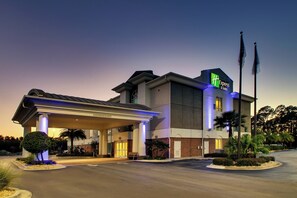 Holiday Inn Express & Suites -hotellissa on katettu sisäänkäynti, lipputanko ja hyvin valaistu julkisivu.