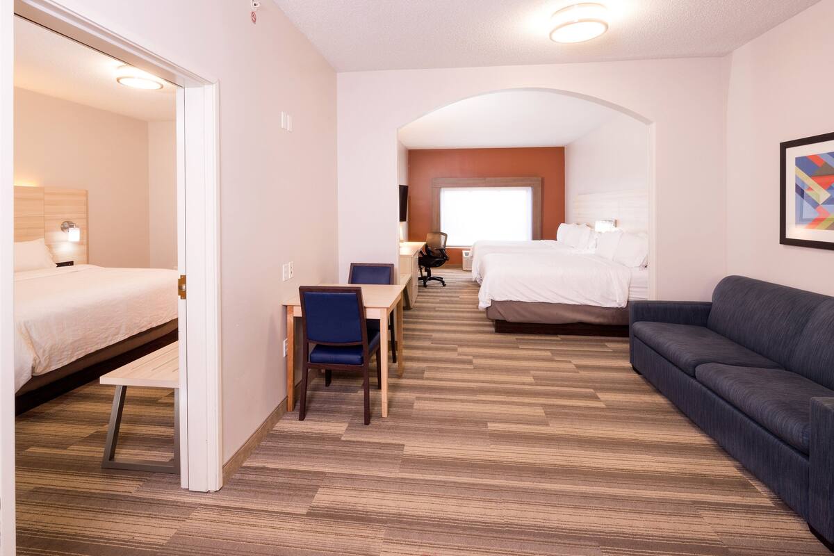 A hotel room with a bed, a sofa, a desk, and a chair.