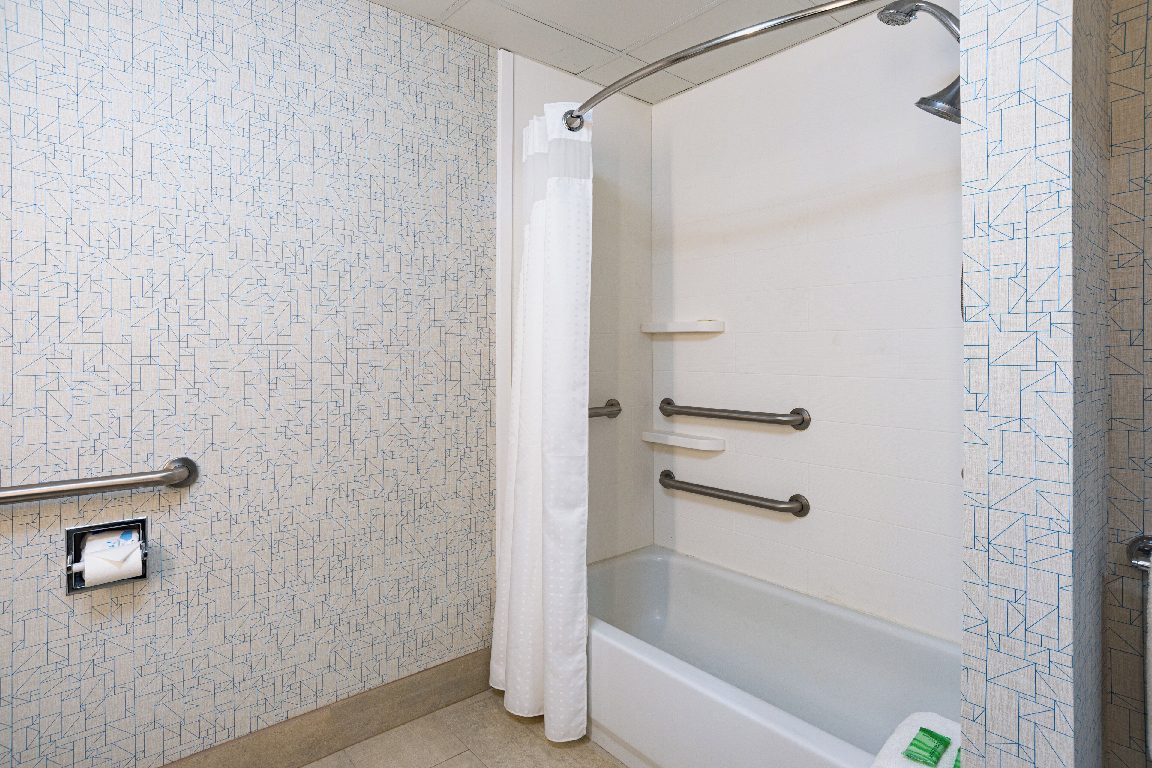 A bathroom with a shower, grab bars, and a toilet paper holder.