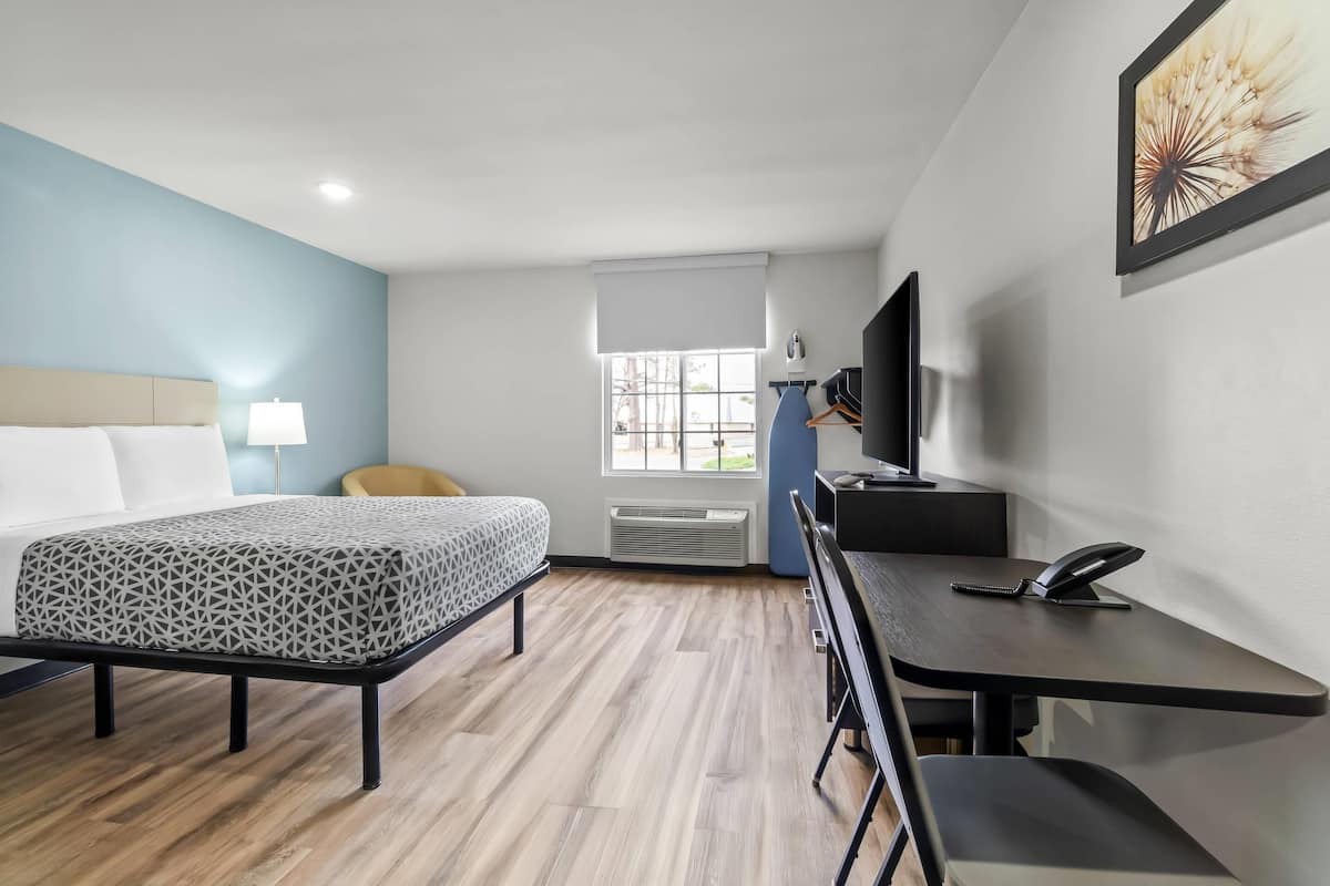 A hotel room with a bed, desk, chair, TV, and window.