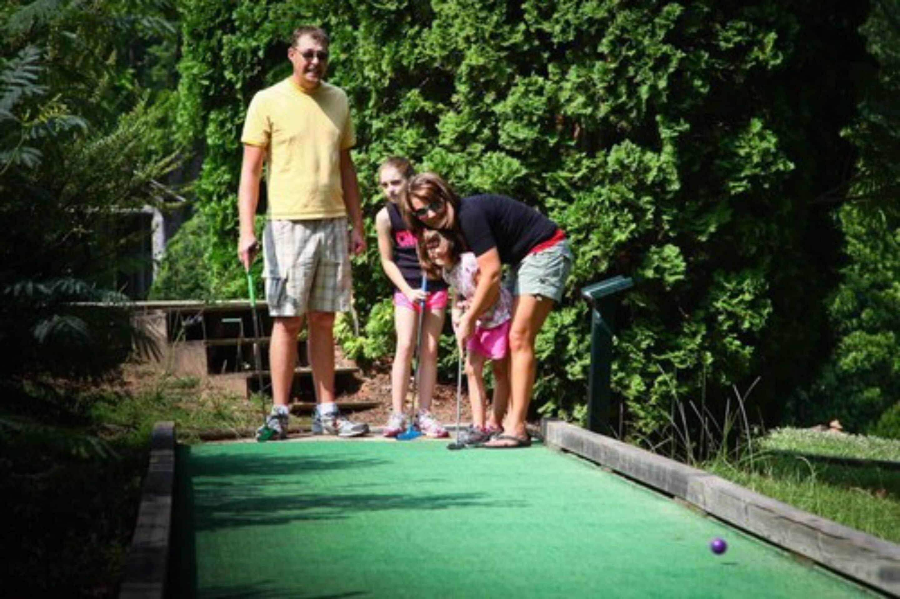 Un grupo de personas jugando un juego en el césped en una cancha verde rodeada de árboles.
