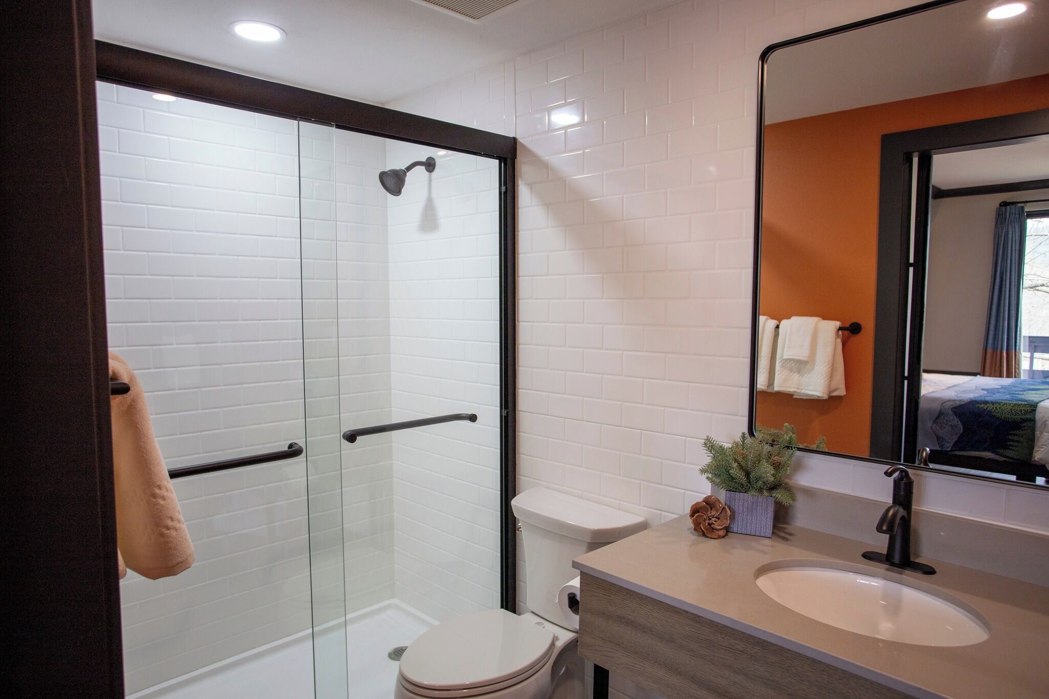 A modern bathroom with a glass shower enclosure, a toilet, a sink with a mirror, and a small plant on the countertop.