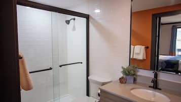 A modern bathroom with a glass shower enclosure, a toilet, a sink with a mirror, and a small plant on the countertop.