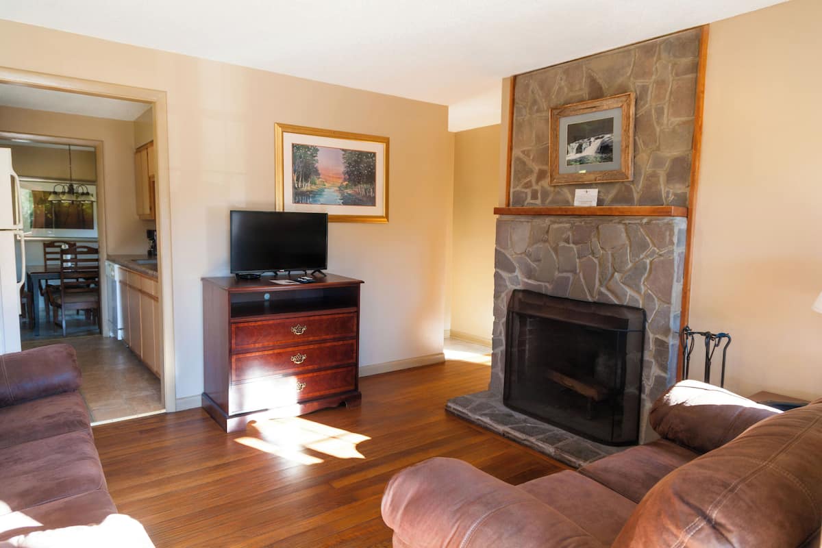 A living room with a stone fireplace, a television on a wooden cabinet, and a sofa.
