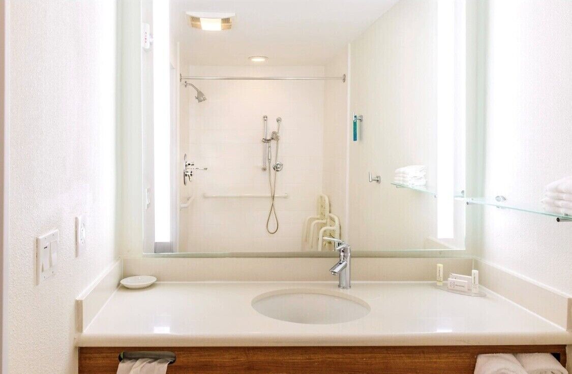 suite, 1 king bed with sofa bed, non smoking (mobility/hearing access, roll-in shwr) | bathroom | combined shower/bathtub, free toiletries, hair dryer, towels