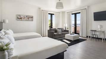 Premier Double Queen | Premium bedding, desk, blackout drapes, iron/ironing board