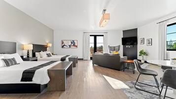 Premium bedding, desk, blackout curtains, iron/ironing board