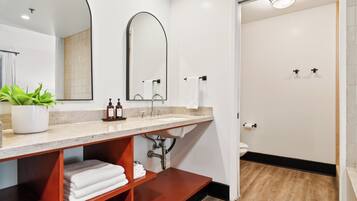 A modern bathroom with a large mirror, a sink, a shower, and a potted plant.