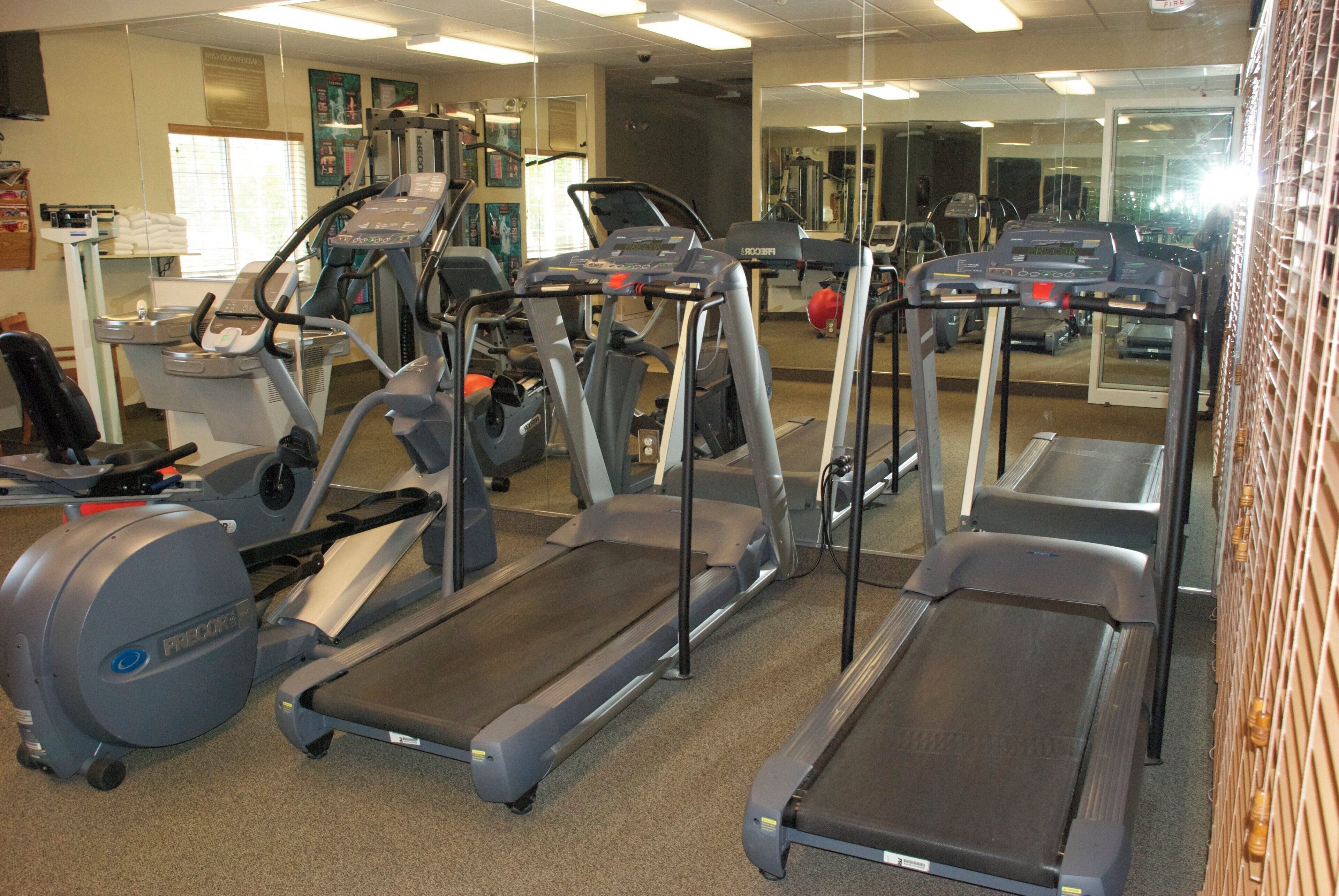 Un gimnasio con cintas de correr, elípticas y bicicletas estáticas.