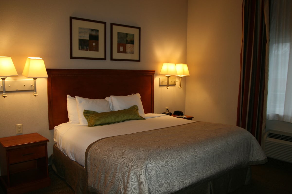 A hotel room with a large bed, two bedside lamps, a nightstand, and a framed picture on the wall.