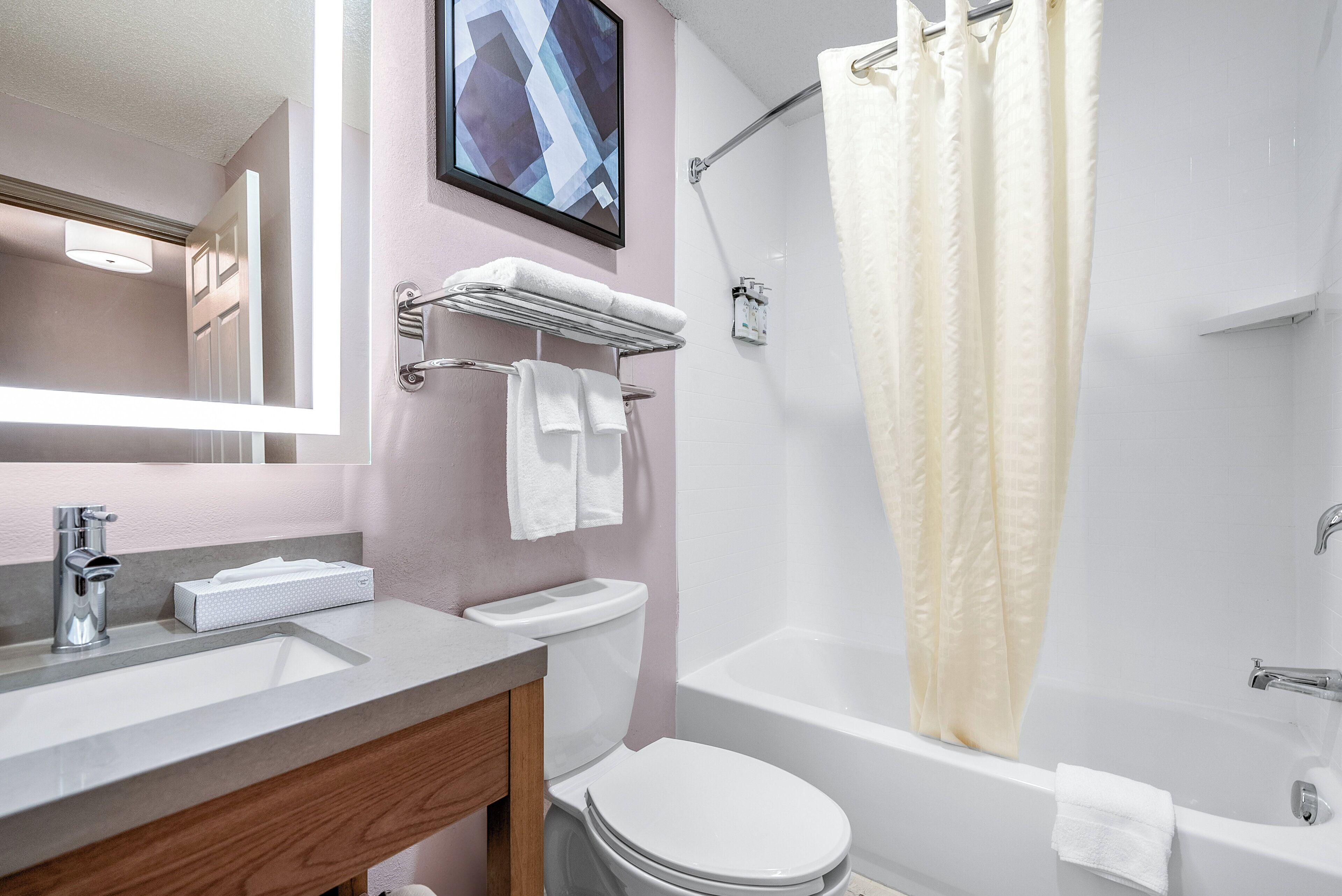 combined shower/bathtub, free toiletries, hair dryer, towels