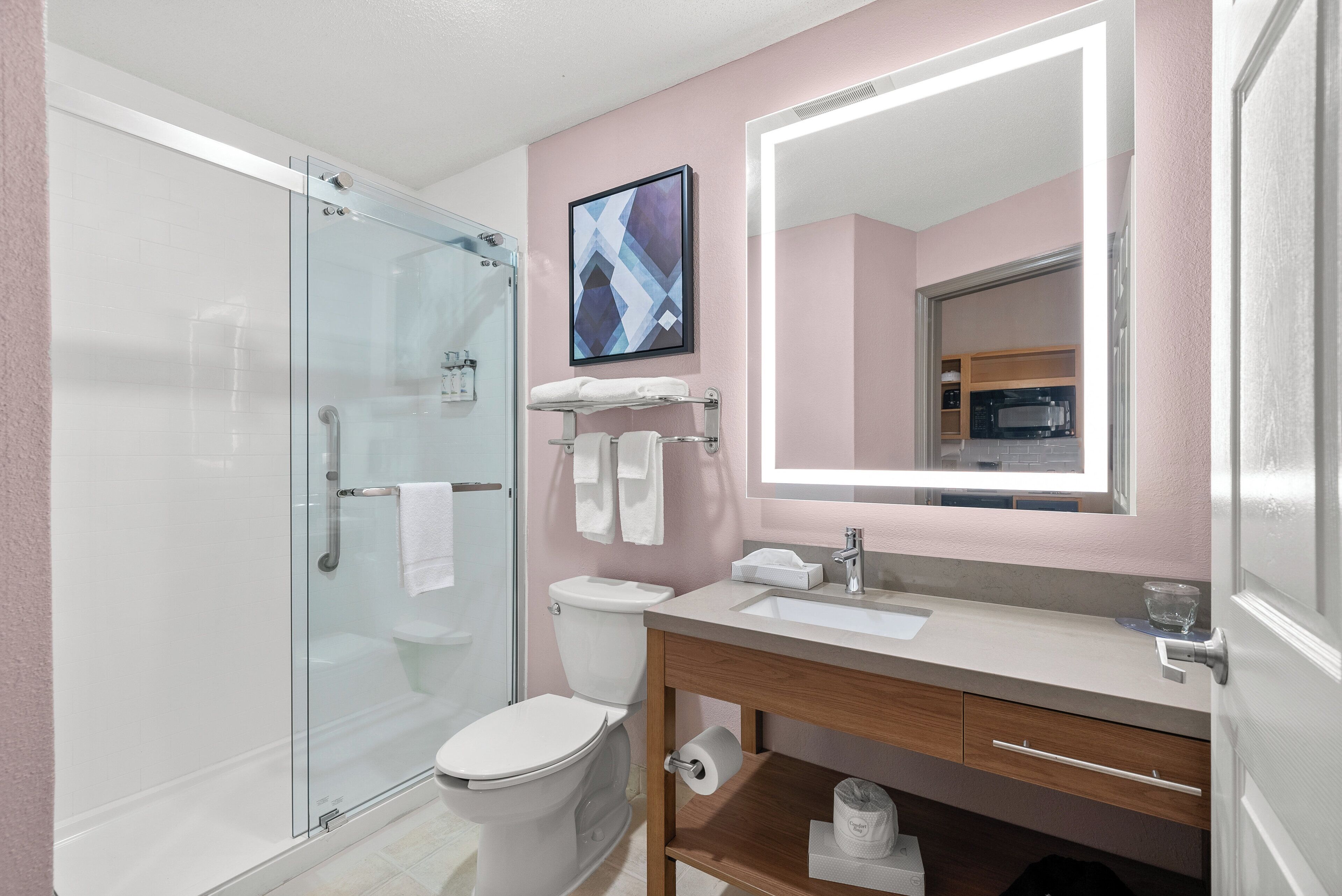 1 bedroom, desk, blackout curtains, iron/ironing board