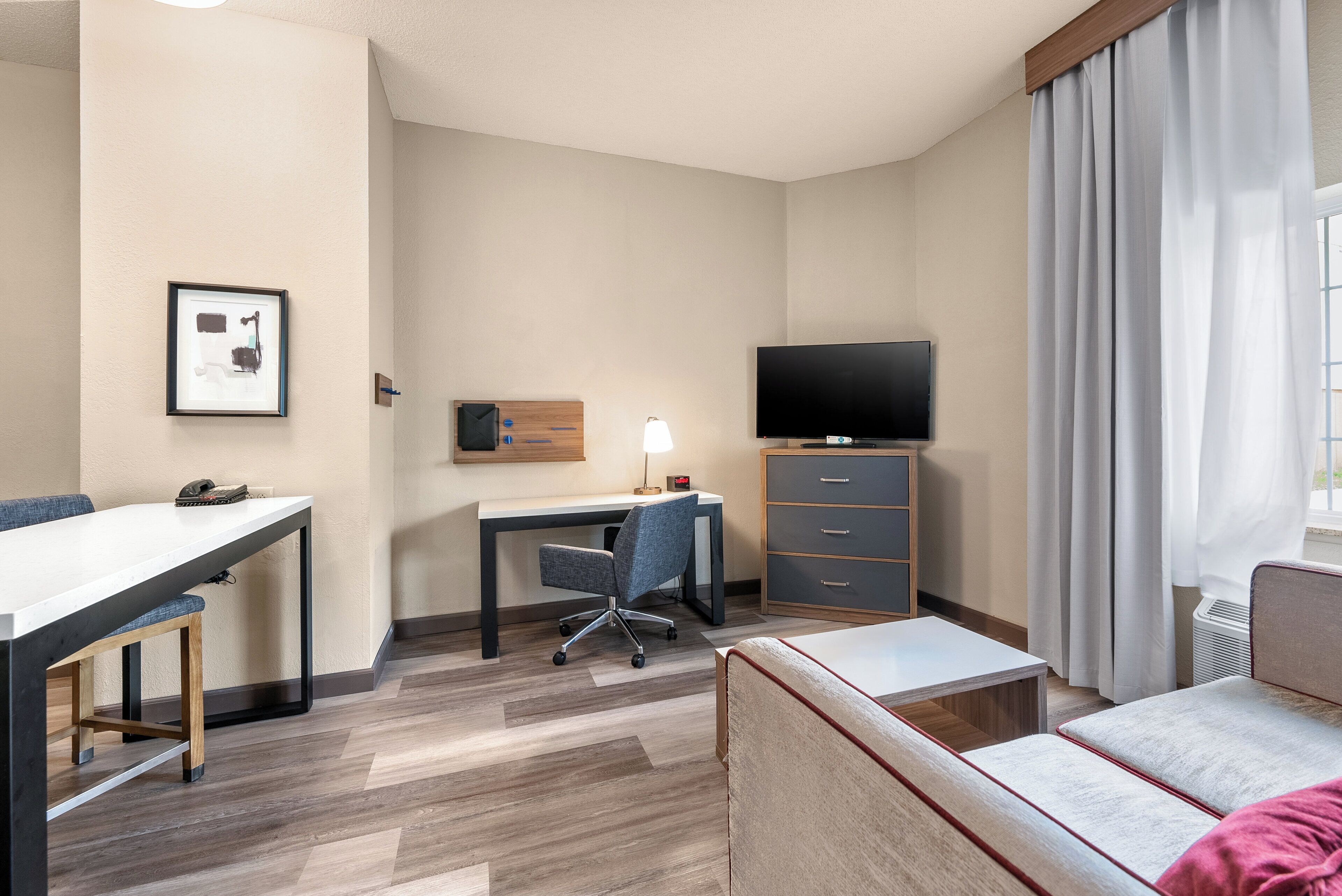 1 bedroom, desk, blackout curtains, iron/ironing board